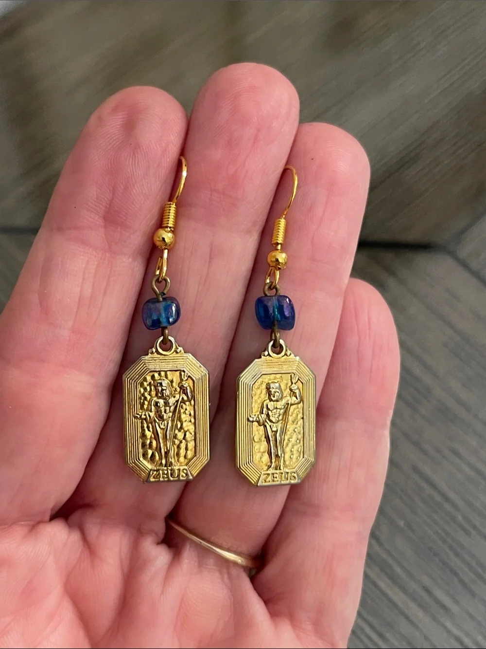Vintage Gold-tone Rectangular Zeus Medallion Dangle Earrings